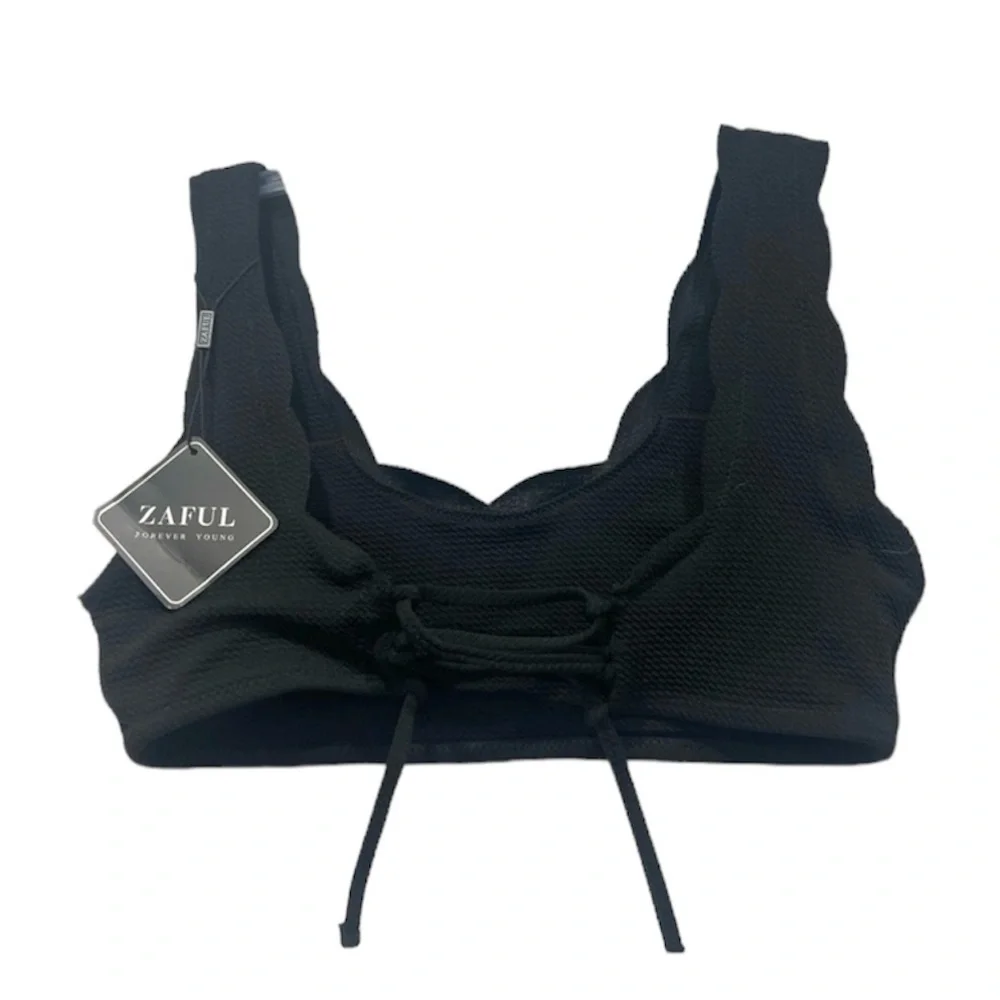 ZAFUL black scallop trim and lace up bikini top size S